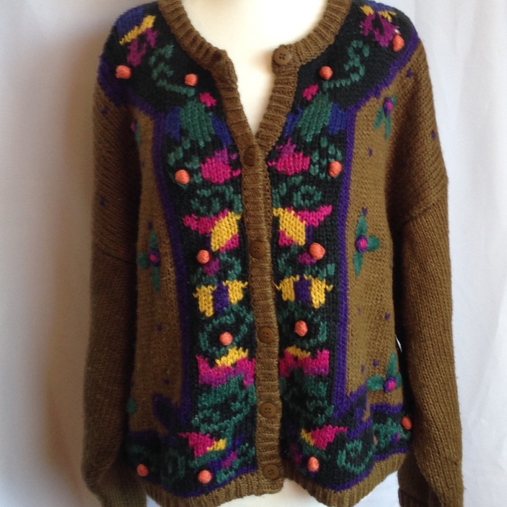 Vintage Olive Green Sweater Cardigan, Embroidered